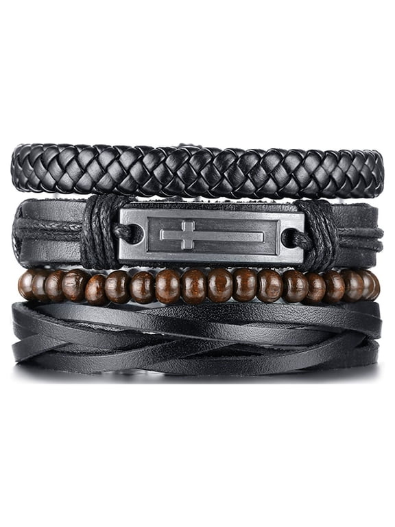 4Pcs Braided Pu Leather Jesus Bracelets Set for Men Cross Cuff Bracelet Adjustable Black