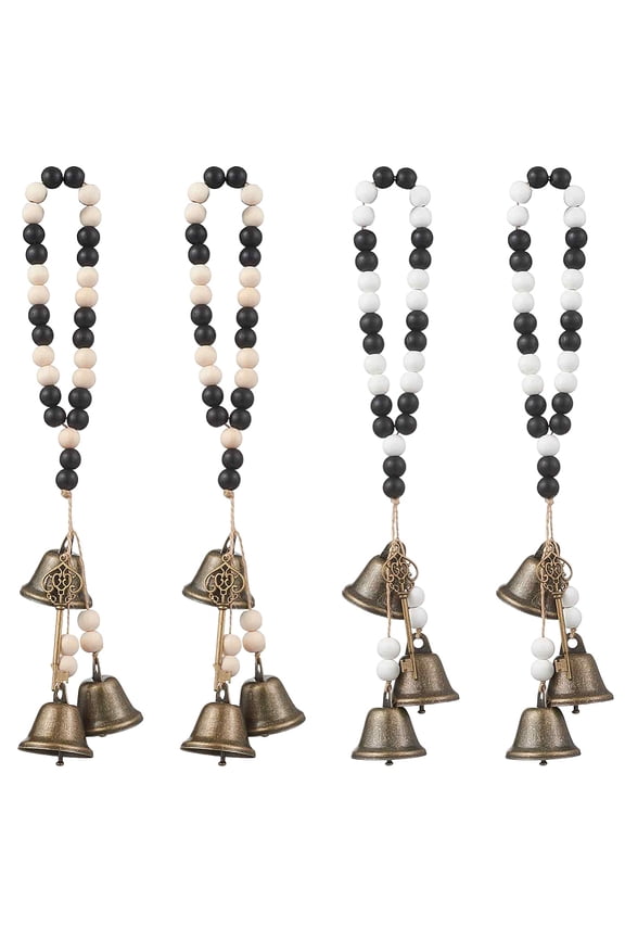 4Pcs Brass Bell Key Pendant Decorations Wooden Round Beads Home Door Hanging Ornaments Mixed Color 300~305mm