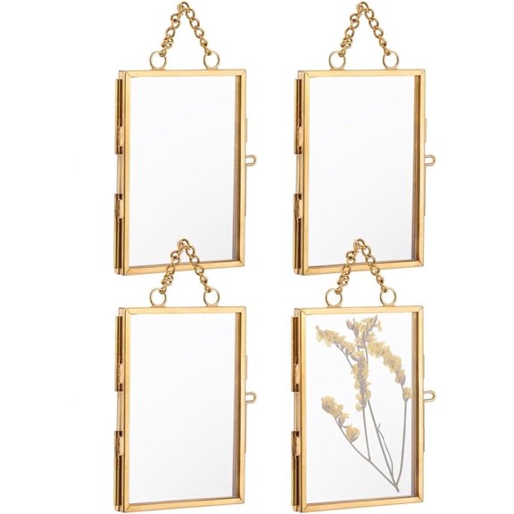 4Pcs Brass Double Glass Frame,Gold Floating Hanging Photo Frame for Pressed Flowers,Brass Glass Frame for Specimen,DIY Decor