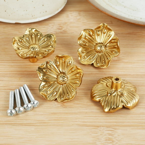 4Pcs Brass Drawer Knobs Hardware Cabinet Knobs Decorative Flower Drawer Pulls Cabinet Drawer Knobs Easy to Install Furniture Pull Knobs with Screws for Cupboard Cabinet Home