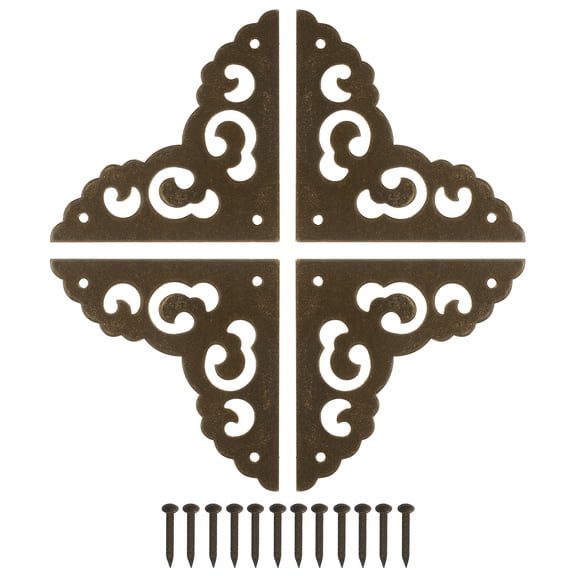 4Pcs Brass Flat Corner Bracket 2 Inch Vintage Brass Hollow Pattern Corner Protector with Mounting Nails (Bronze)