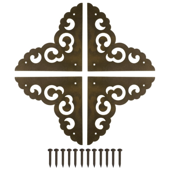 4Pcs Brass Flat Corner Bracket 3.1 Inch Vintage Brass Hollow Pattern Corner Protector with Mounting Nails (Bronze)