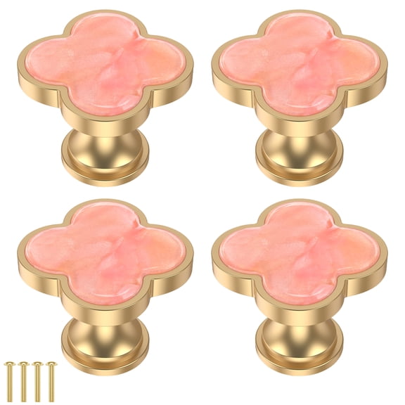 4Pcs Brass Four Leaf Clover Shape Closet Knob for Wardrobe Dresser Single Hole Cabinet Door Knob With Screw for Bedroom Living Room