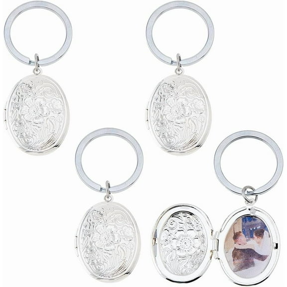 4Pcs Brass Locket Pendants Keychain with Alloy Rings Oval with Flower Platinum 60mm