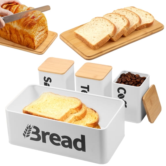 4Pcs Bread Bin Tea Coffee Sugar Canisters Set Metal Iron Bread Box and Canisters Set with Bamboo Lids for Kitchen Countertop