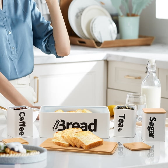 4Pcs Bread Bin Tea Coffee Sugar Canisters Set Metal Iron Bread Box and Canisters Set with Bamboo Lids for Kitchen Countertop