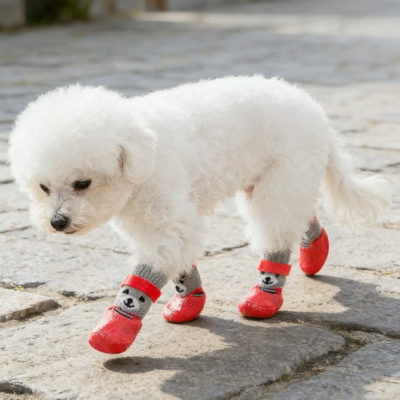 4Pcs Breathable Dog Boots Puppy Paw Protector with Bear Pattern Dog Shoes for Winter Snowy Days Teddy Pomeranian Bichon Middle and Small Dogs Adjustable Sole Dog Booties (Red,S)