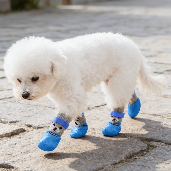4Pcs Breathable Dog Boots Puppy Paw Protector with Bear Pattern Dog Shoes for Winter Snowy Days Teddy Pomeranian Bichon Middle and Small Dogs Adjustable Sole Dog Booties (Blue,S)