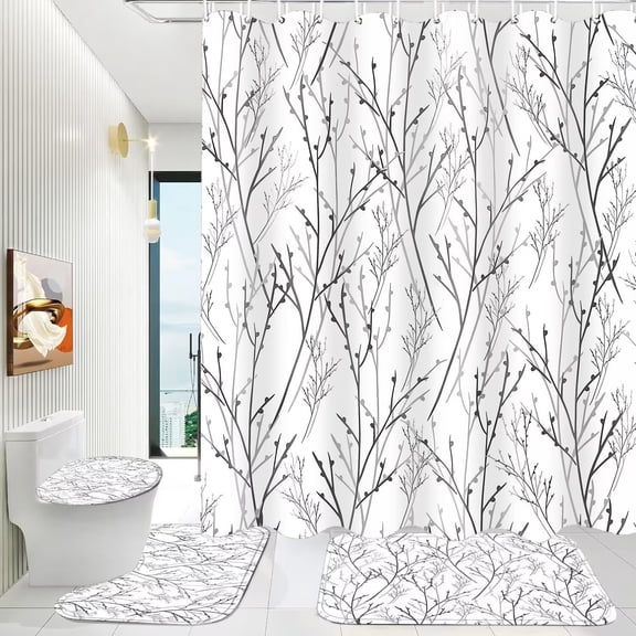 4Pcs Brushstroke Print Shower Curtain Set with Non-Slip Rugs Abstract Minimalist Toilet Lid Cover Bath Mat Shower Curtain with 12 Hooks Neutral Trendy Durable Bathroom Decor Set