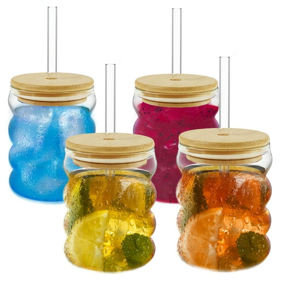 4Pcs Bubble Drinking Glass with Straw and Lid Heat Resistant Drinking Glass Cup Elegant Bubble Glassware Set Ribbed Glassware for Cocktail Soda Juice