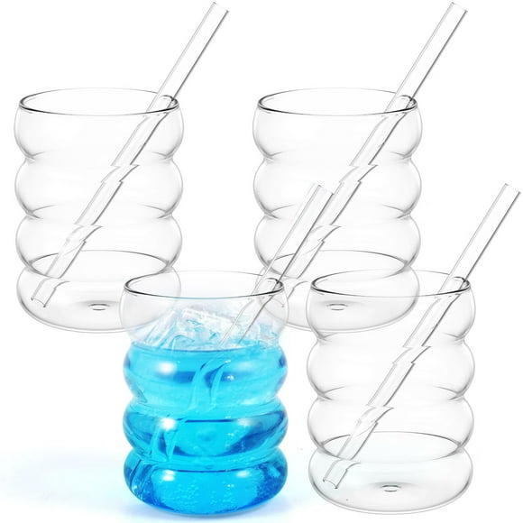 4Pcs Bubble Drinking Glasses with 4Pcs Straws 10oz Ribbed Drinking Glass Cups Temperature Resistant Bubble Glass Tumblers Wide Opening Ribbed Glassware Vintage Glass Cup for Cocktail Soda Juice