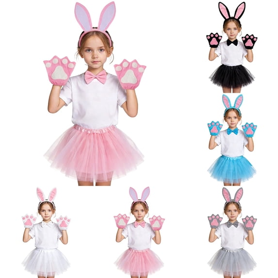 4Pcs Bunny Rabbit Outfit For Girls Boys Easter Dress Up Set With Animal Ears Headband Tail Tutu Paws Easter Dresses For Matching Style