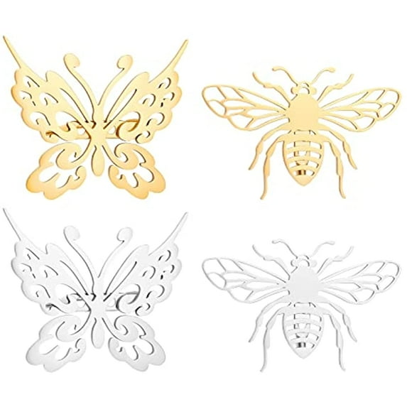4Pcs Butterfly Bee Brooches Stainless Steel Insect Lapel Pins for Backpack Clothes Hollow Metal Brooch Golden Stainless Steel Color 31.5-42mm Long