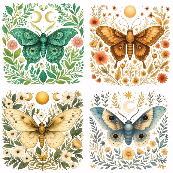 4Pcs Butterfly Flower Plant Heat Transfer Stickers Colorful Moth Floral Moon Sun Iron on Transfers Iron on Patches Stickers Washable Sticker Paper