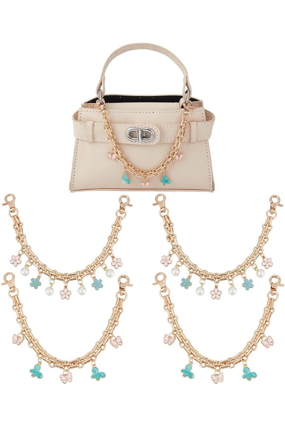 4Pcs Butterfly Flower Purse Charms Extender Chain Enamel Pendant Handbag Replacement Chains Decorative Bags Strap Extender for DIY Purse Wallet Pocket Crossbody Shoulder Bag Keychain Accessory