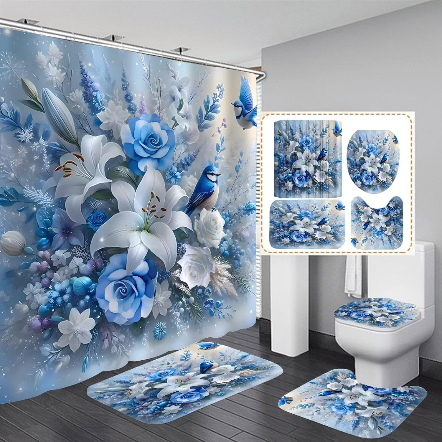 4Pcs Butterfly Shower Curtain Sets with Rugs Butterfly Pearl Bathroom Set with Non-Slip Rugs Toilet Lid Cover and Bath Mat Vintage Shower Curtain with 12 Hooks, Durable Bathroom Decor Set