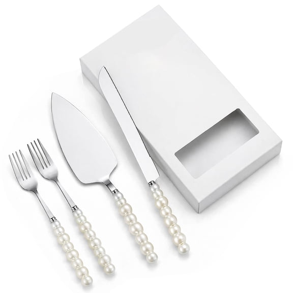 4Pcs Cake Cutting Set with Cake Knife, Cake Server and Dessert Forks, Stainless Steel Dessert Tableware Set with Pearl Style Handle, Elegant Cake Serving Set for Wedding, Birthday, Anniversary