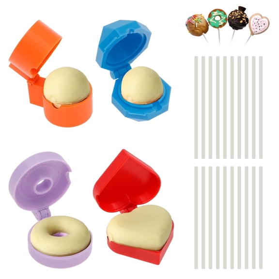 4Pcs Cake Pop Mold Set with 20 Sticks Heart/ Sphere/ Donut/ Octagon Shape Plastic Cake Pop Mold Shape Press Baking Tool Supplies for Birthday Party Wedding