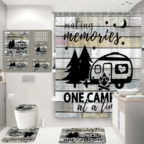 4Pcs Camper Shower Curtain Rustic Wooden Seaside Tropical Travel Plants Surfboards RV Bathroom Decor Sets Toilet Shower Mats Rug