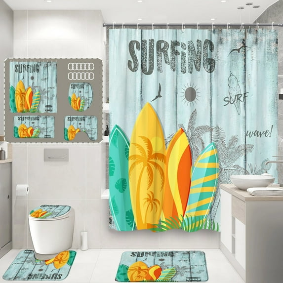 4Pcs Camper Shower Curtain Rustic Wooden Seaside Tropical Travel Plants Surfboards RV Bathroom Decor Sets Toilet Shower Mats Rug