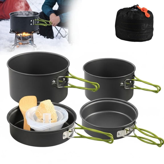 4Pcs Camping Cookware Set, Camping Pots Pans and Bowls Set with Anti-Scald Handles, Portable Pots and Pans for 2-3 People Hiking Picnic Fishing Mountaineering