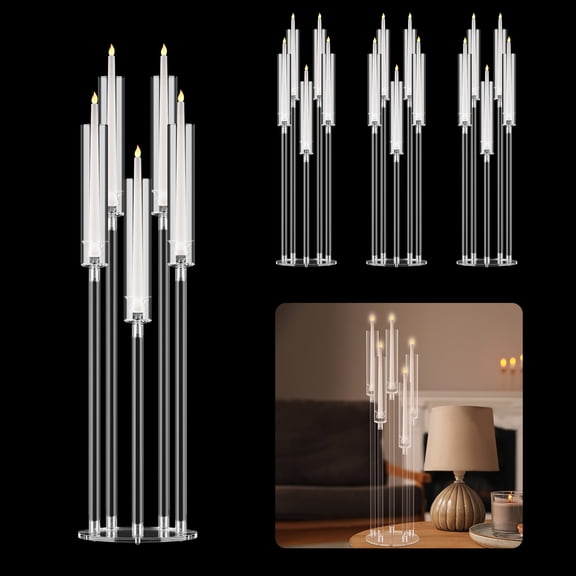 4Pcs Candelabra Centerpieces, Tall Candelabra, Clear Candle Taper Candlestick Holder, 5 Arm Candlesticks Holder with Acrylic Shade, LED Candle for Wedding Dinner Party