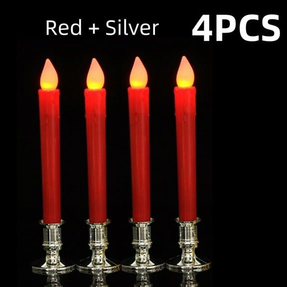 4Pcs Candle Light Nightlights Led Warm 3D Wick Light Window Candles Romantic Birthday Wedding Christmas Xmas(Red + Silver)