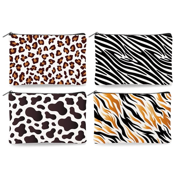 4Pcs Canvas Animal Print Makeup Bag - 9.06" x 5.9" Animal Texture Cosmetic Bags Travel Organizer Portable Accessories with Zipper Toiletry Large Capacity Purse Organizer Pouches