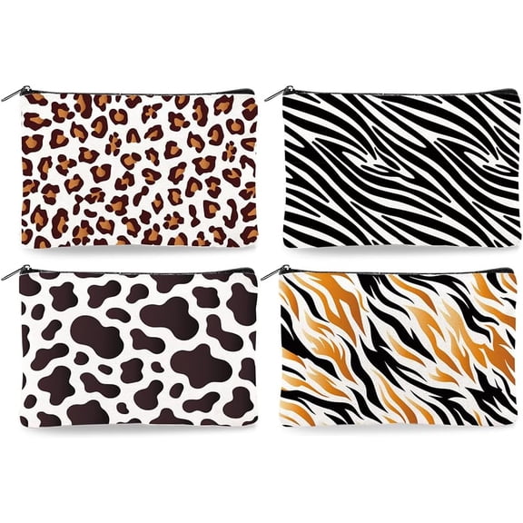 4Pcs Canvas Animal Print Makeup Bag - 9.06" x 5.9" Animal Texture Cosmetic Bags Travel Organizer Portable Accessories