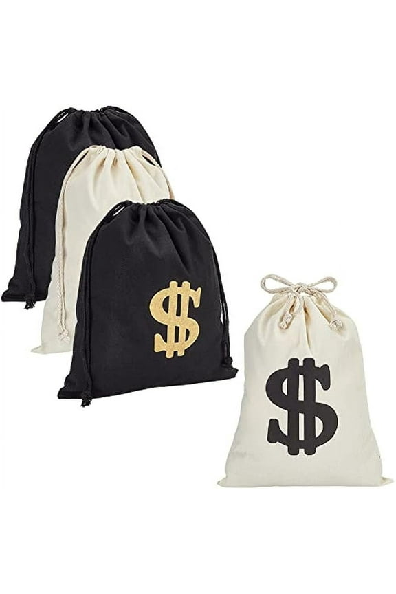 4Pcs Canvas Large Money Bag Dollar Sign Money Bag Canvas Drawstring Coin Bag Cloth Pouch with Drawstring Closure for Jewelry Cosplay Theme Party Favors 15.6x11.8/15.7x13.7