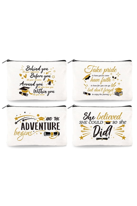 4Pcs Canvas Makeup Bag - 9.06" x 5.9" Graduation Gifts for Her Motivational Cosmetic Bags Travel Organizer Portable Accessories