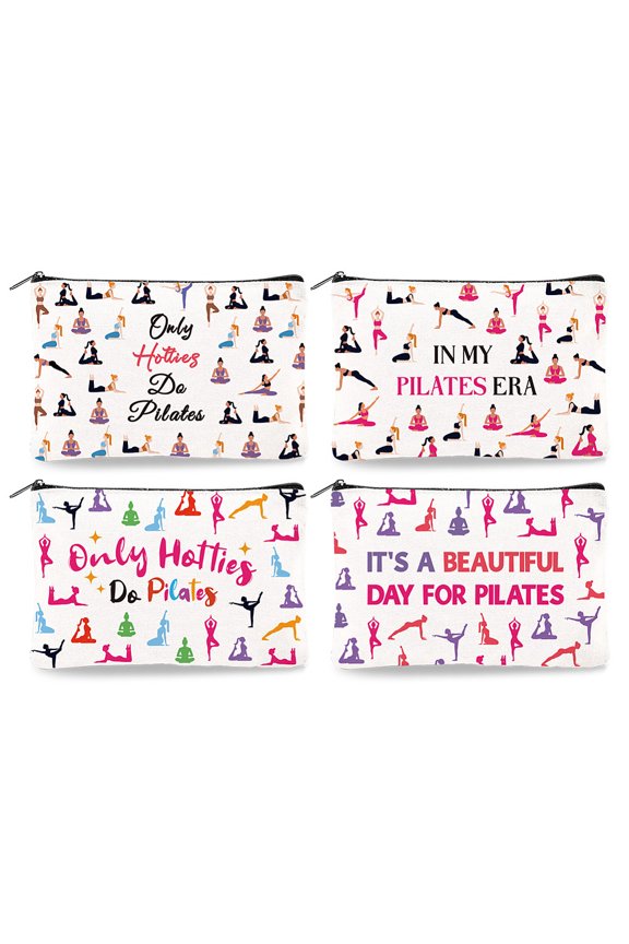 4Pcs Canvas Pilates Teacher Appreciation Gifts Makeup Bag - 9.06" x 5.9" Only Hotties Do Pilates Cosmetic Bags Travel Organizer Portable Accessories