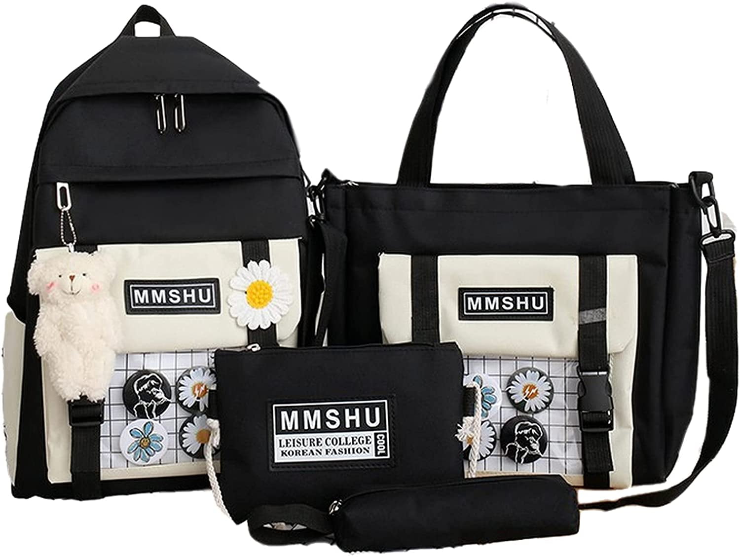 4Pcs Canvas School Backpack Combo Set with Kawaii Teddy Bear
