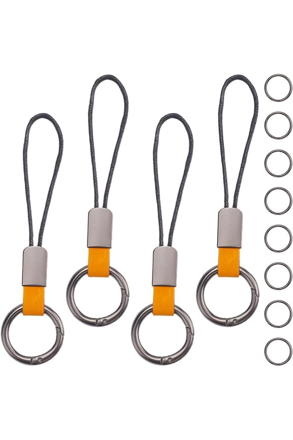 4Pcs Car Keychain Finger Ring Clips Connectors Genuine Leather Keyring with Strap Short Lanyard Adapter Connection Rope Strap for Small Electronic Devices MP3 Player Keys ID Card (Gold) DIY