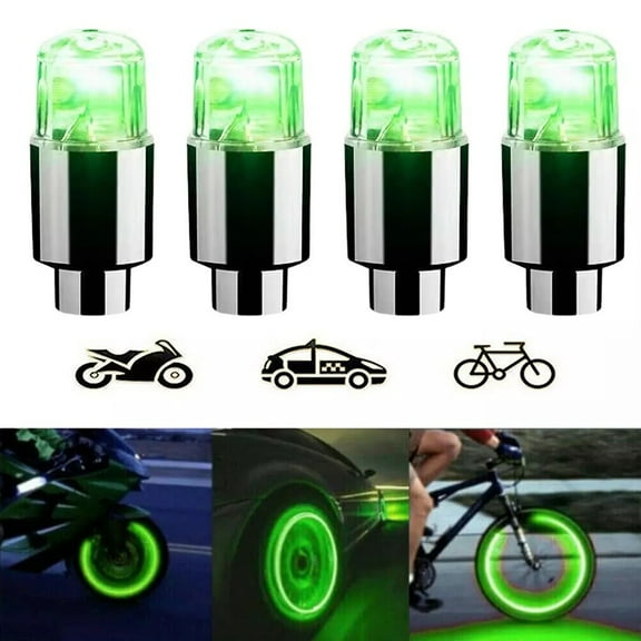 4Pcs Car Motorcycle Bike LED Lights Neon Wheel Tire Tyre Valve Dust Cap Light Green