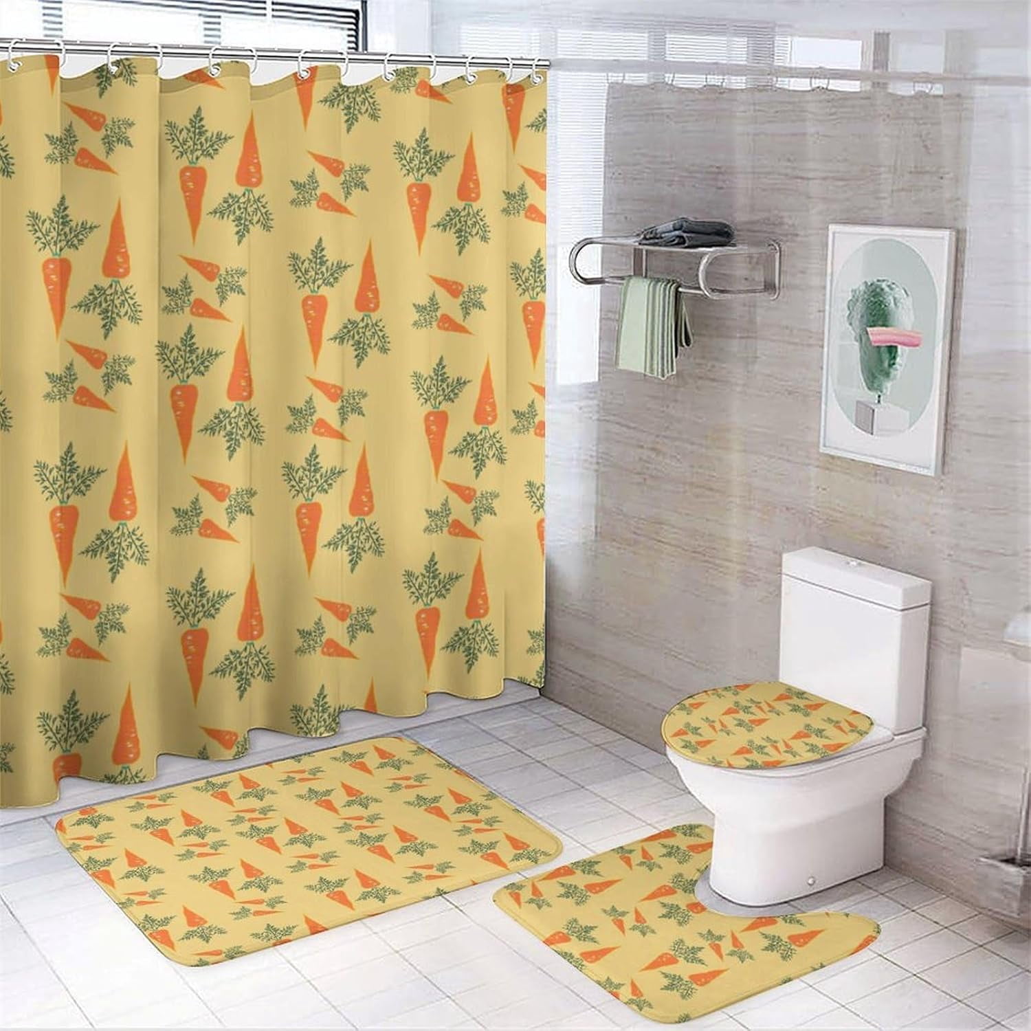 4Pcs Carrots Shower Curtain Sets with Non-Slip Rugs, Yellow Toilet Lid ...
