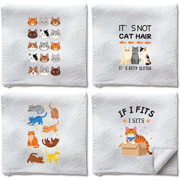 4Pcs Cartoon Cats Hand Towels Funny Cute Cat Theme Decorative Tea Dish Towels Soft Absorbent Kitchen Dish Cloths for Cooking Baking