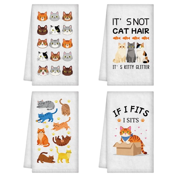 4Pcs Cartoon Cats Hand Towels Funny Cute Cat Theme Decorative Tea Dish Towels Soft Absorbent Kitchen Dish Cloths