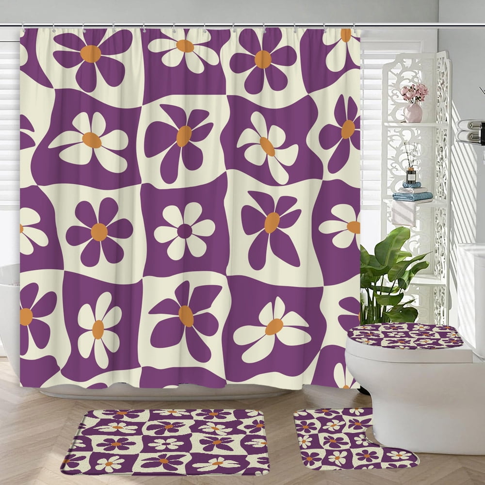 4Pcs Cartoon Flower Shower Curtain Geometric Creative Simple Modern