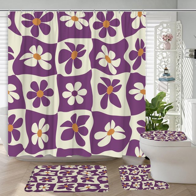 4Pcs Cartoon Flower Shower Curtain Geometric Creative Simple Modern