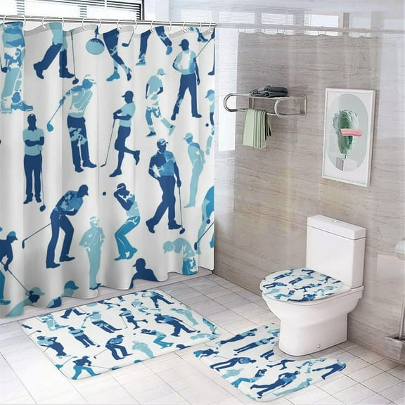 4Pcs Cartoon Golf Athlete Shower Curtain Sets Bathroom Decor, Simple Sport Player Illustration Shower Curtain with Non Slip Rug, Toilet Lid Cover, Bath Mat and 12 Hooks 72W x 72L