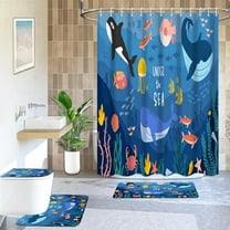4Pcs Cartoon Hand Drawn Shower Curtain Sets with Rugs, Under The Sea Animals Bathroom Sets with Shower Curtain and Rugs and Accessories