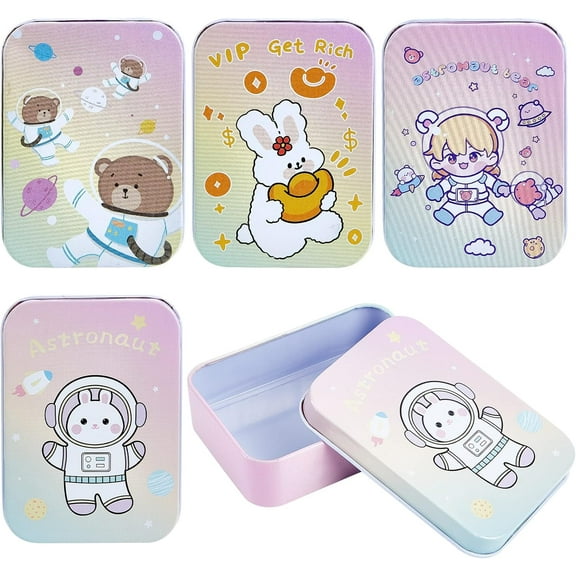 4Pcs Cartoon Metal Tin Box Gift Card Holder Rectangular Tinplate Box Containers Christmas Small Wrap Boxes with Lids Hinged Storage Cans for Home Kitchen Candles Jewelry Coin Cake Biscuits Colorful