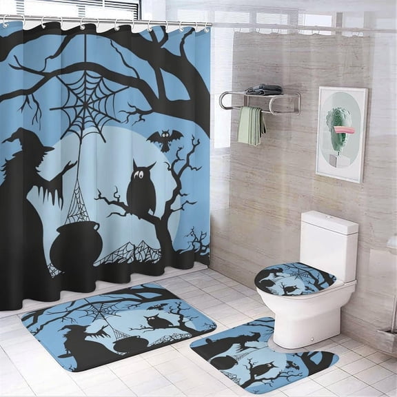 4Pcs Cartoon Owl Witch Shower Curtain Sets Bathroom Decor, Horror Bat Cobweb Halloween Cauldron Shower Curtain with Non Slip Rug, Toilet Lid Cover, Bath Mat and 12 Hooks 72W x 72L