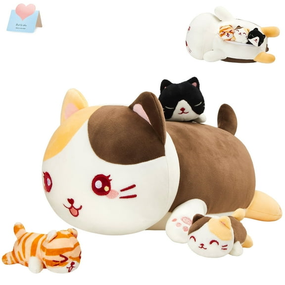 4Pcs Cat Stuffed Animal Plush Set - 1 Large Calico Cat Plush Body Pillow with 3 Cute Kitten Plushies, Soft Cat Family Stuffed Toys, Ideal Gift for Cat Lovers Kids Boys Girls on Birthdays, Holidays