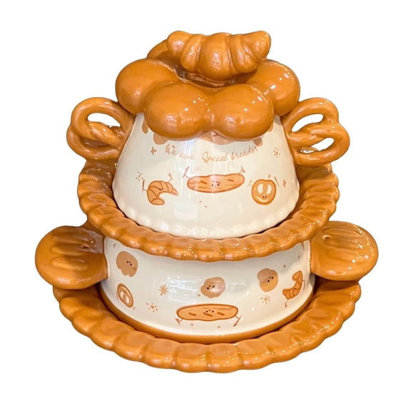 4Pcs Ceramic Tableware Set,Unique Bakery-Themed Handpainted Plates and Bowls Set with Handle and Lid, Chip & Crack Resistant,Oven & Dishwasher & Microwave Safe Dishes Utensil Flatware