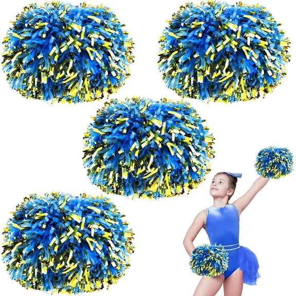 4Pcs Cheerleading Pom Poms for Kids, 2 Pair Cheerleader Pompoms with Baton Handle, Squad Pompoms for Boy Girl Adults School Team Spirit Sports Cheering Game