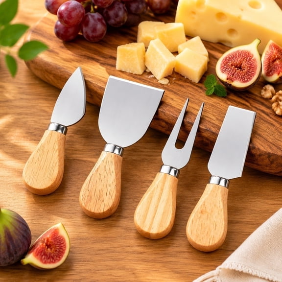 4Pcs Cheese Knives Bulk Set, Stainless Steel Cheese Knife Spreaders Butter Cutter Cheese Cutting Spatula Forks Wooden Handle Small Cheese Spreader Tool Cheese Knives for Charcuterie Board Accessories