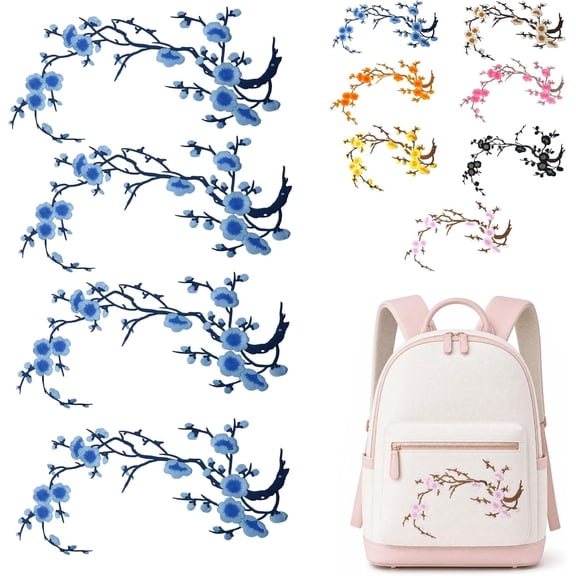 4Pcs Cherry Blossom Patches Iron On,Blue | Embroidered Flower Appliques for Backpack, Jacket, Jeans, Tote Bag, Sew On DIY Decoration