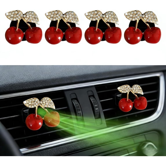 4Pcs Cherry-Shaped Car Air Freshener Vent Clips with Rhinestones, Unscented Cute for Men Women, Fragrance Diffuser Clip and Truck Fresheners, Sparkling Decor-A10